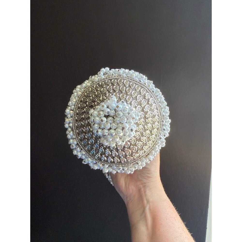 Ramla Cocktail Pearl Signature Bag OS Silver White Beaded Lantern Evening Bag - Picture 8 of 10